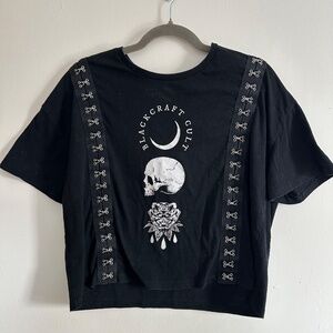 Blackcraft Cult Cropped Black Go T-Shirt, Hook & Eye Closure Detail, Size Medium